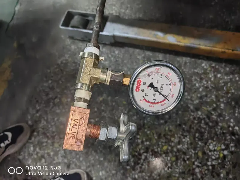 Pressure gauge and valve connected to a die plate heating channel for a leak test